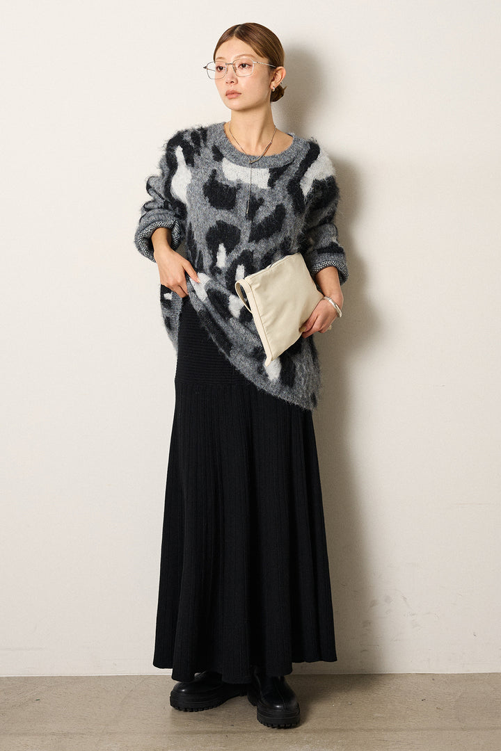 [SET]ルーズアニマルモヘアニットトップス+編み地切り替えフレアニットスカート(2set)