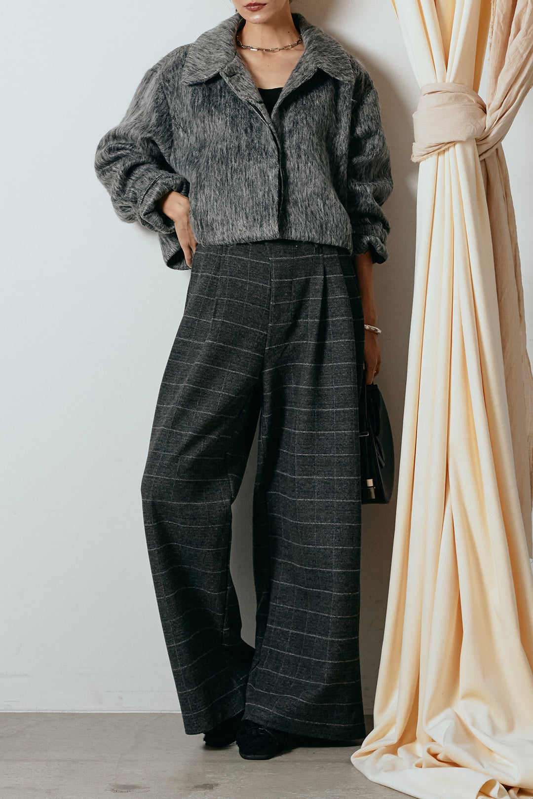 [SET]シャギーショートジャケット+スクエアチェック柄ワイドパンツ(2set)