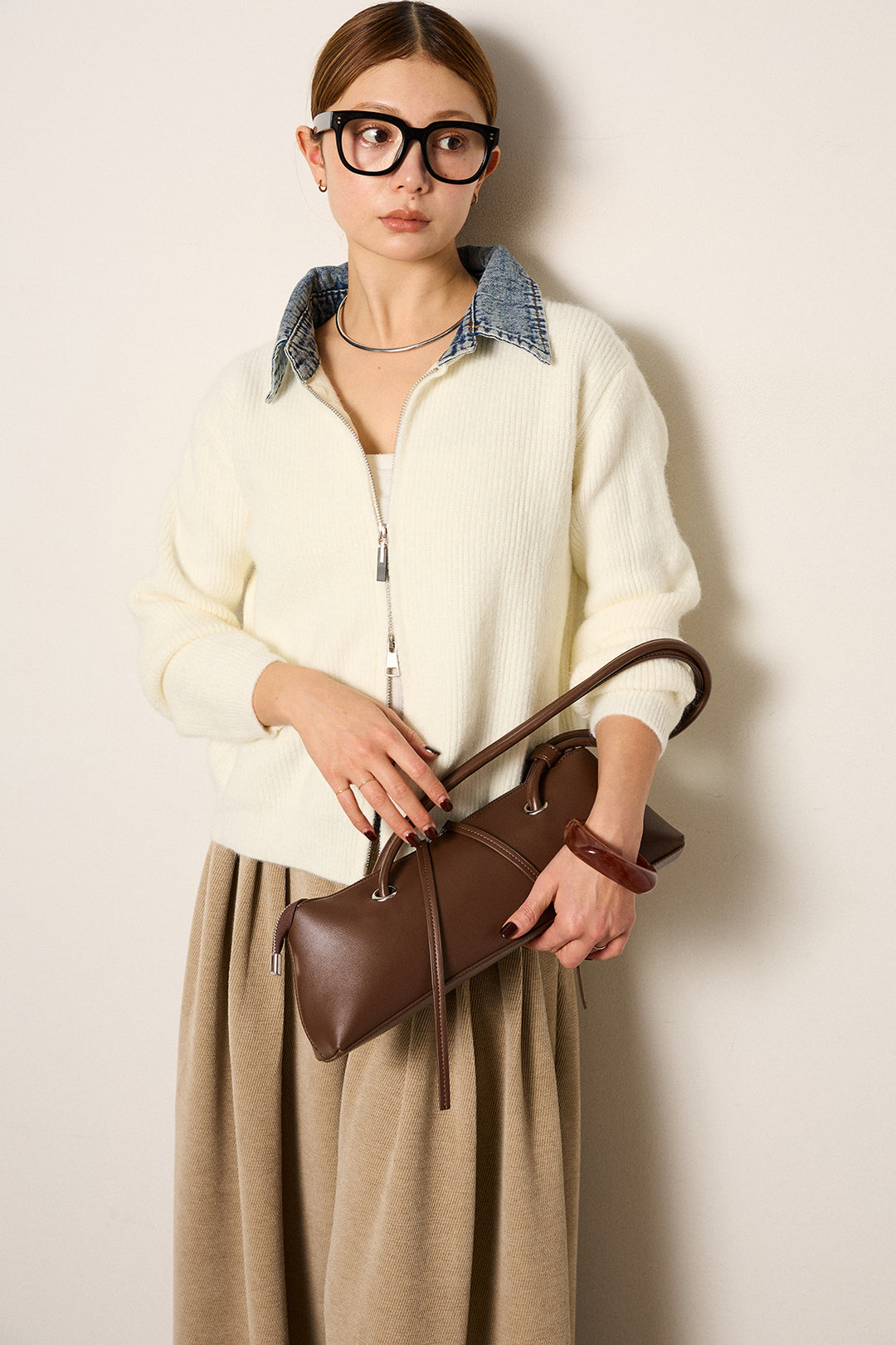 [SET]デニム襟ダブルジップニットトップス+ベルトループコーデュロイワイドパンツ(2set)