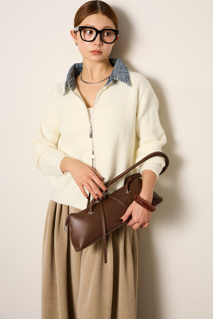 [SET]デニム襟ダブルジップニットトップス+ベルトループコーデュロイワイドパンツ(2set)