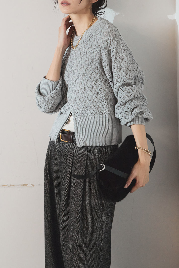 [SET]透かし編みニットジップスリットプルオーバー+タックツイードワイドパンツ(2set)