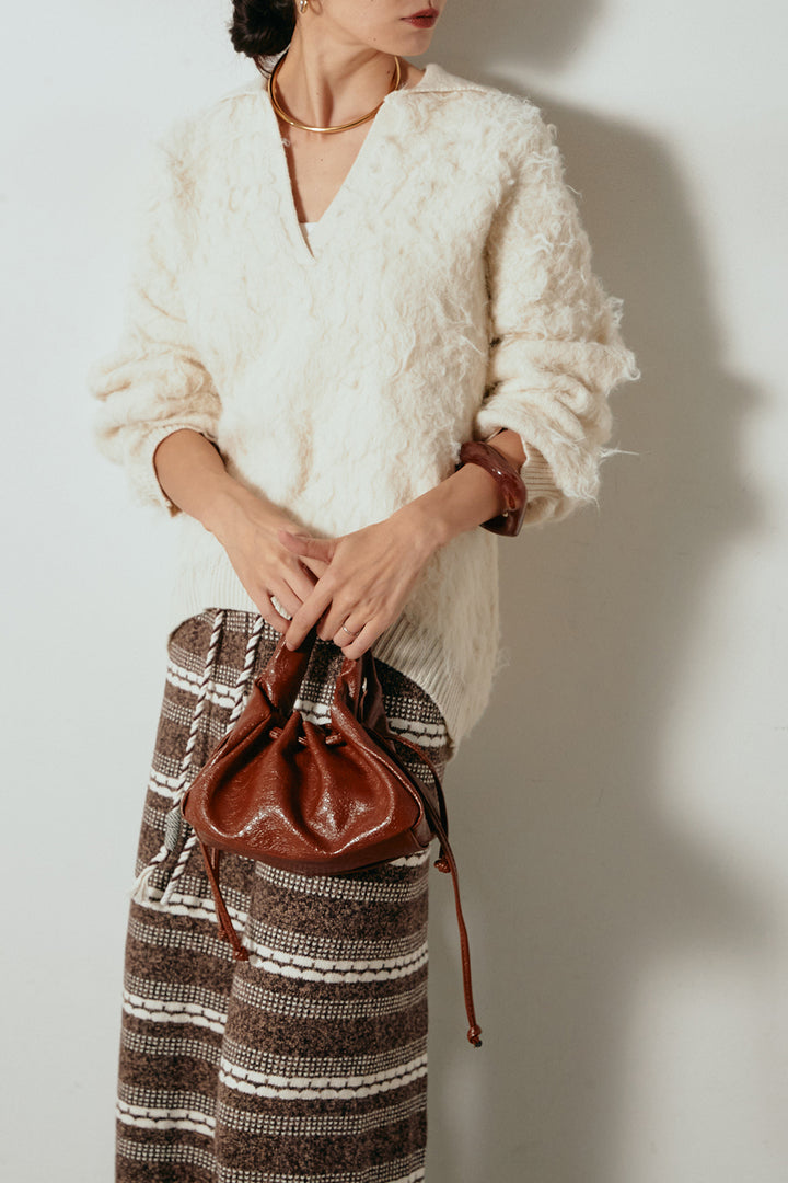 [SET]襟付きシャギーニットポロトップス+マルチライン柄リラックスニットパンツ(2set)