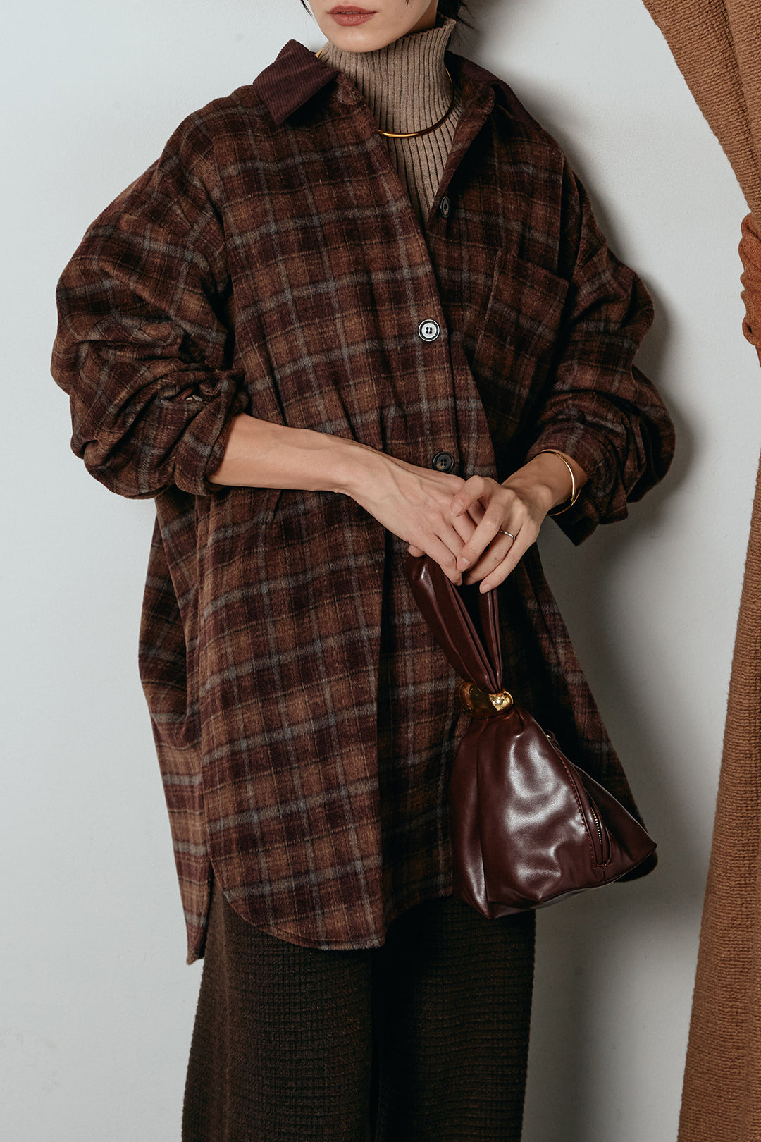 [SET]シャギーチェックシャツジャケット+ワイドリブニットイージーパンツ+リブニットシームレスタートルプルオーバー(3set)