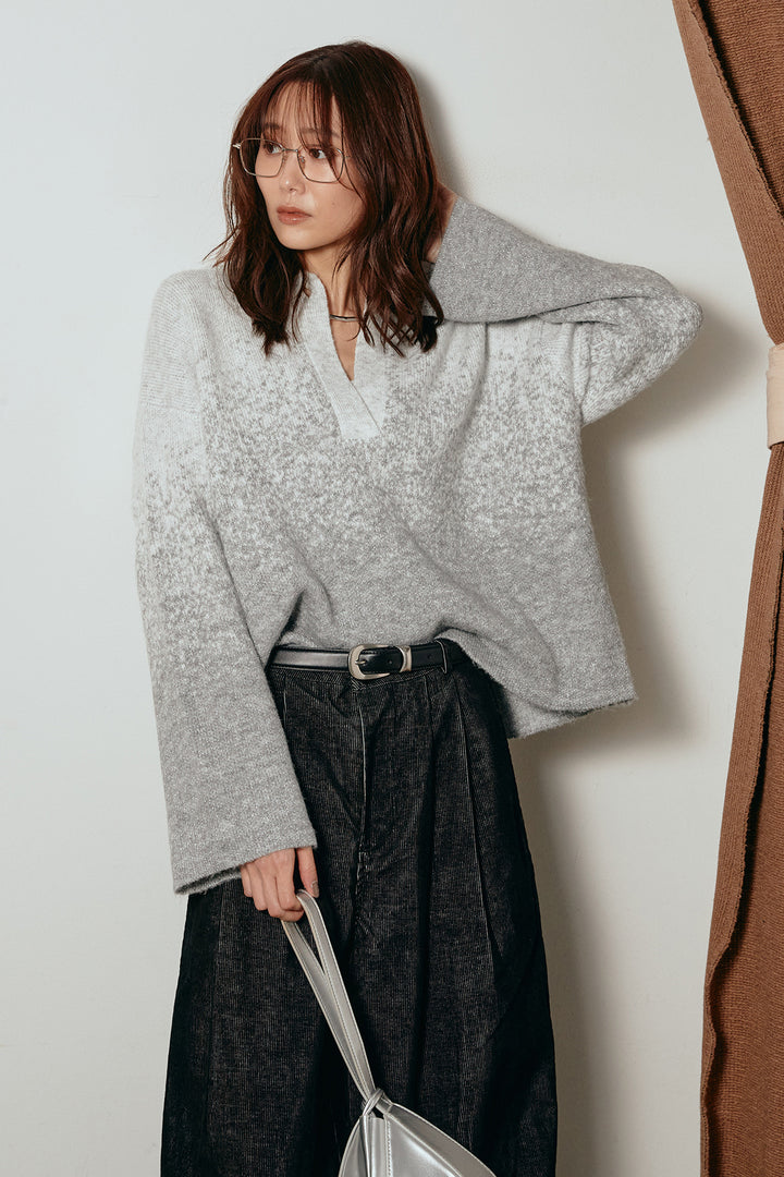 [SET]グラデーションラメニットキーネックプルオーバー+フロントタック入りコーデュロイパンツ(2set)