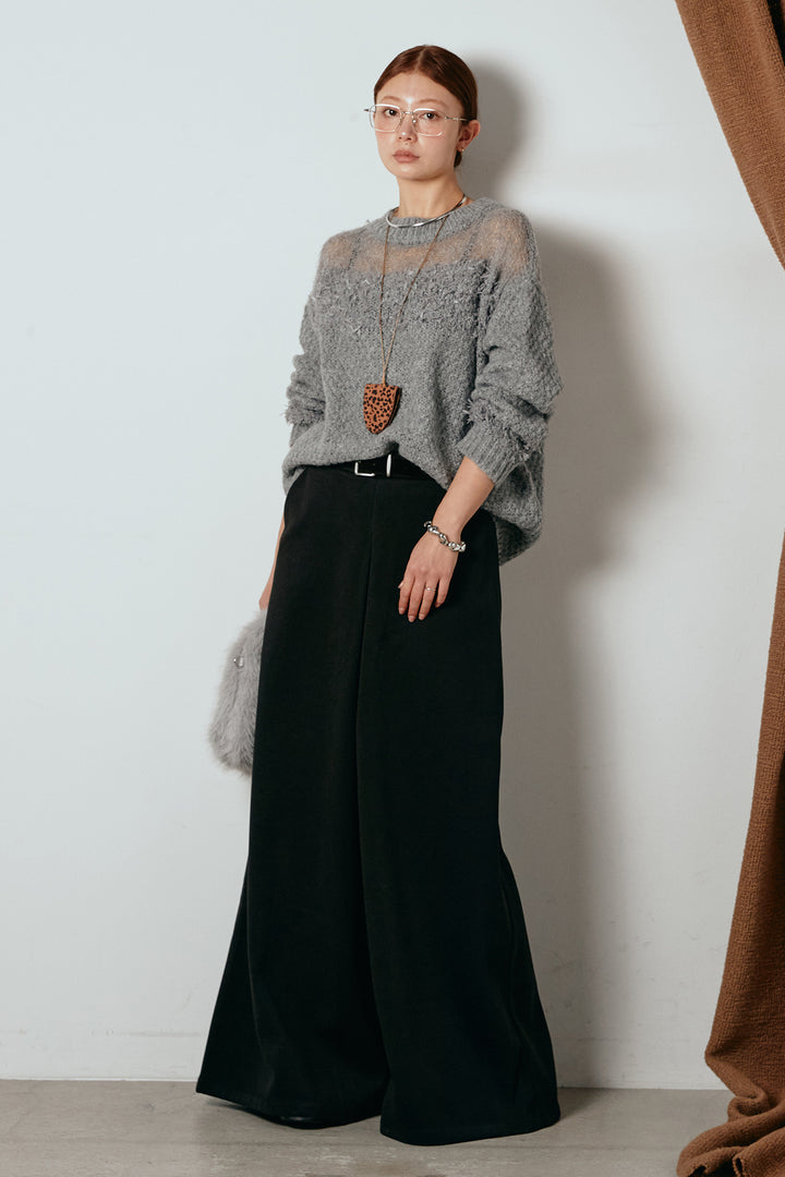 [SET]パターンランダム編みニットトップス+ベルト付きフロントタックデザインパンツ(2set)