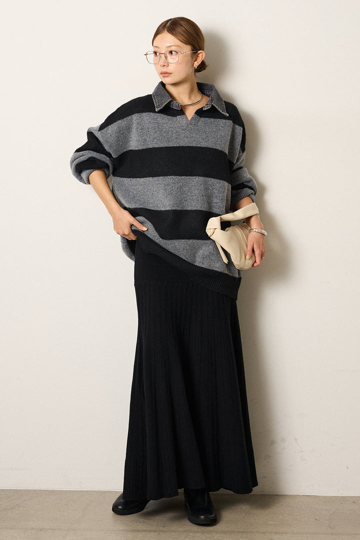 [SET]デニムカラーボーダールーズニット+編み地切り替えフレアニットスカート(2set)