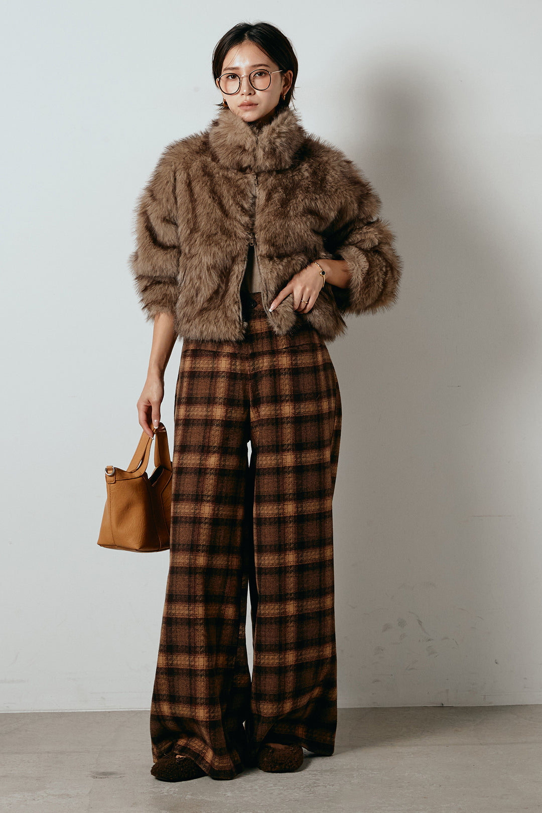 [SET]エコファーショート丈ブルゾン+ルーズタータンチェックワイドパンツ(2set)