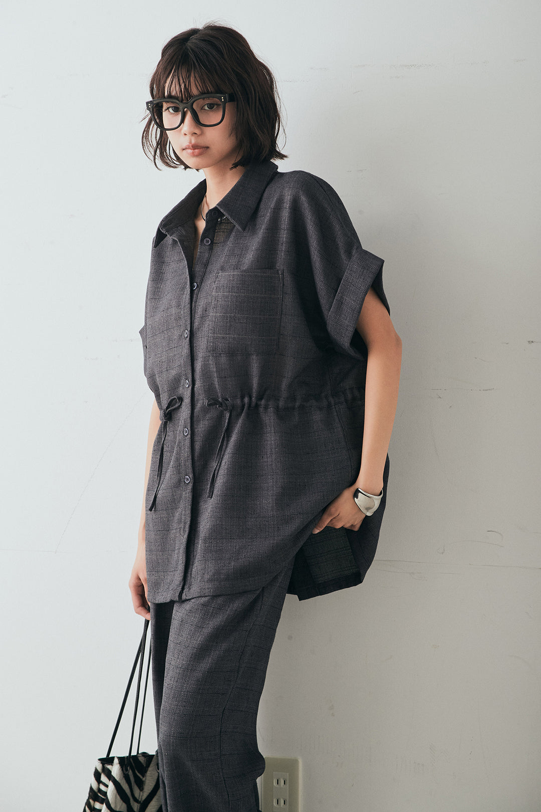 [SET]ツイードウエストドロストシャツ+ツイードタックパンツ(2set)