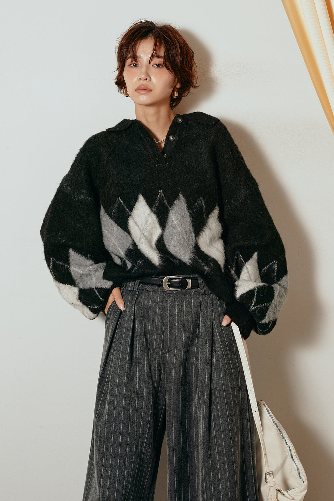 [SET]アーガイル柄ポロニットトップス+ストライプヘリンボーンパンツ(2set)