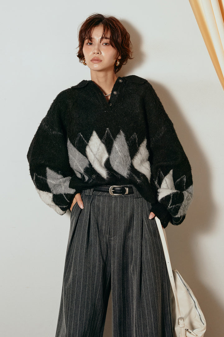 [SET]アーガイル柄ポロニットトップス+ストライプヘリンボーンパンツ(2set)