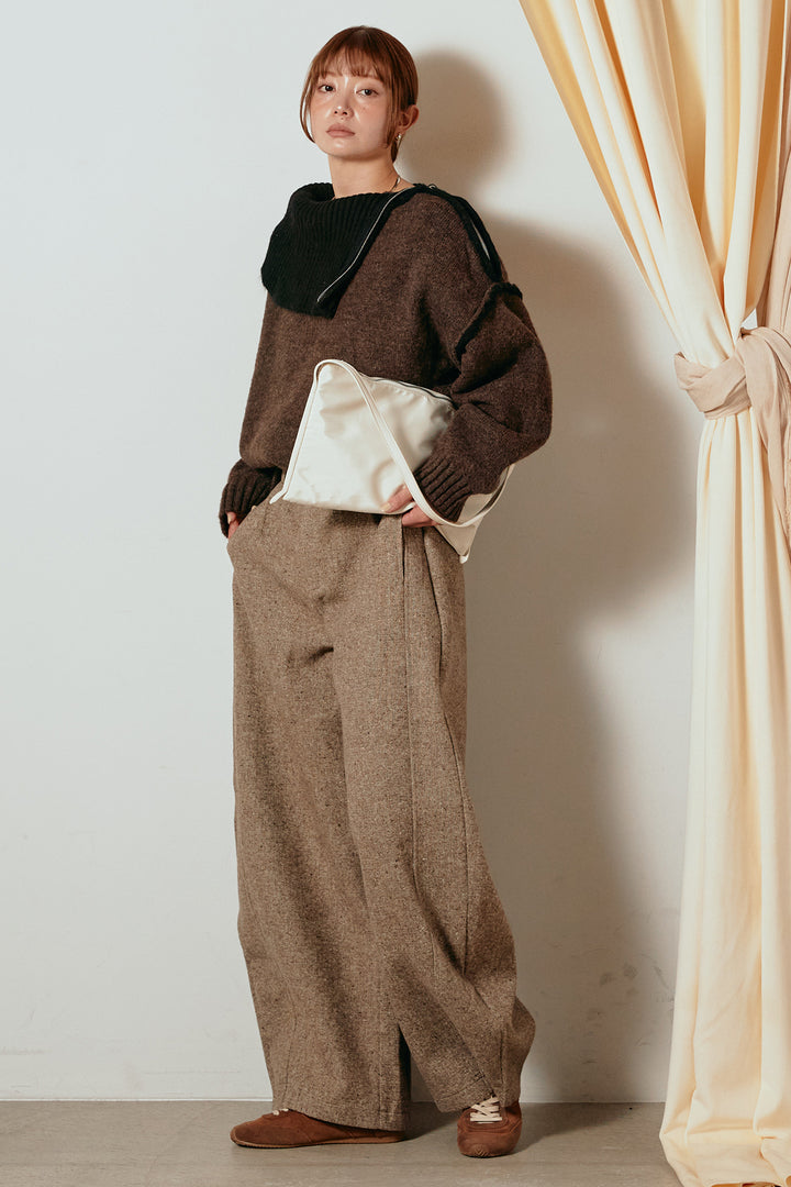 [SET]ハイネックジップデザインニットトップス+ベルト付きネップツイードカーブパンツ(2set)