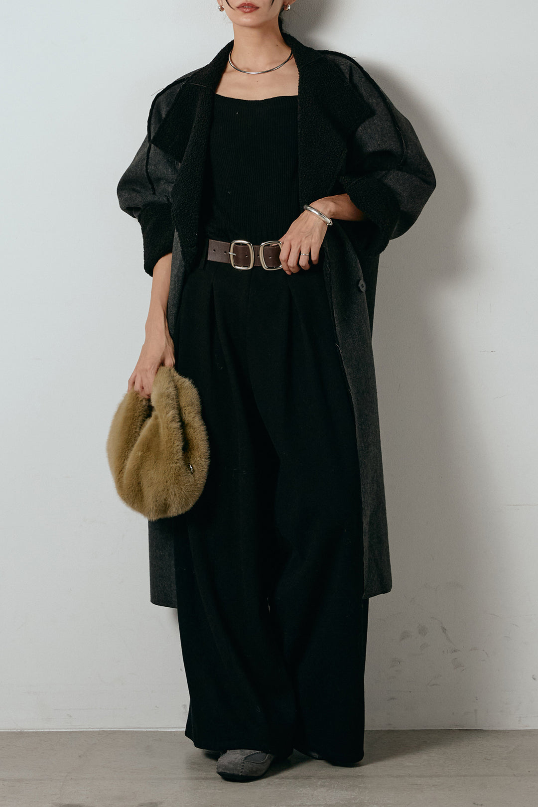 [SET]裏地ボアハイネックロングアウター+フェイクレザー太ベルト付きタックワイドパンツ(2set)