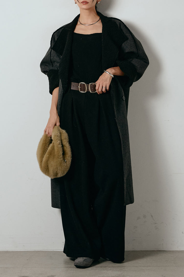 [SET]裏地ボアハイネックロングアウター+フェイクレザー太ベルト付きタックワイドパンツ(2set)