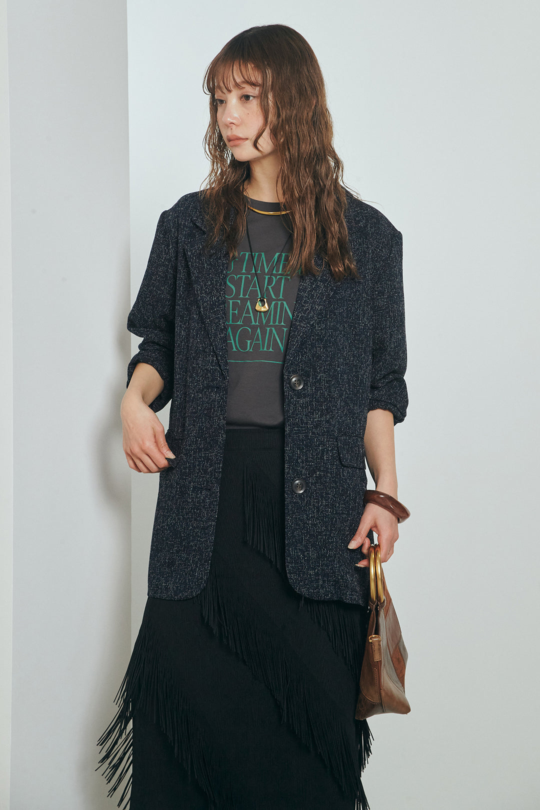 [SET]ミックスツイードベルト付きジャケット+斜めフリンジデザインスカート(2set)