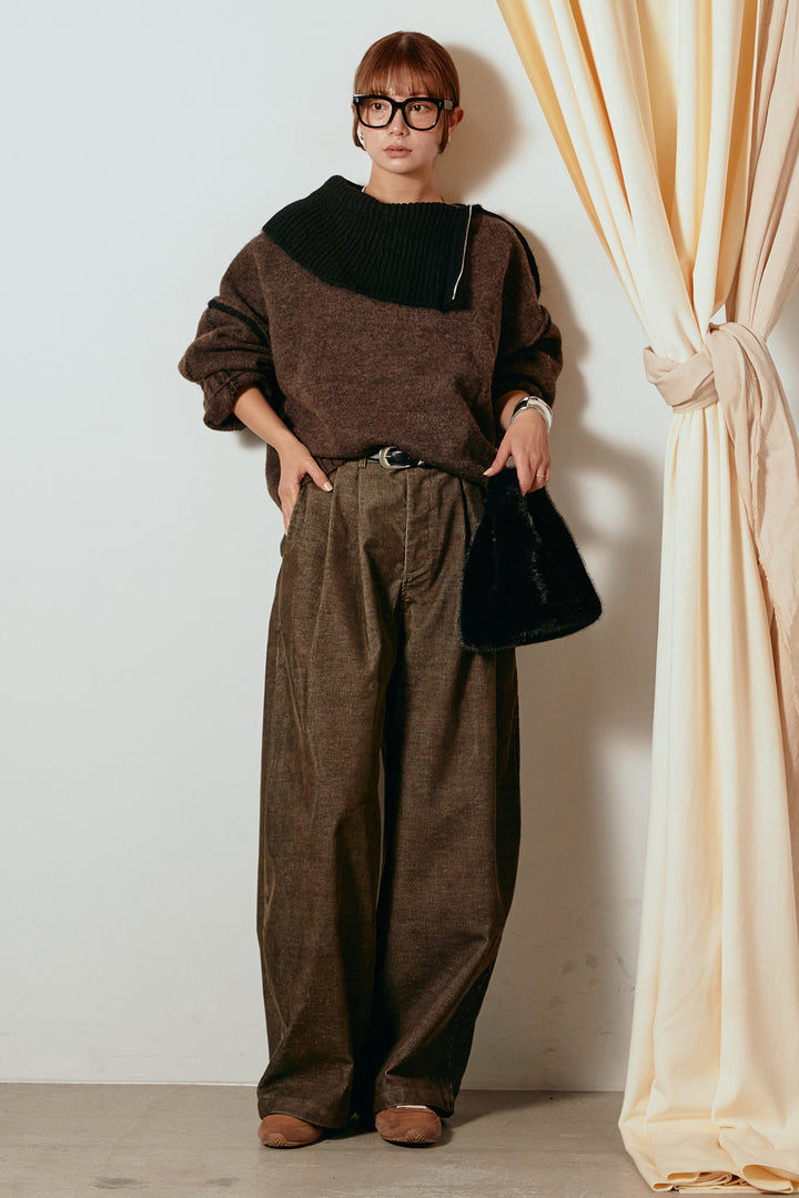[SET]ハイネックジップデザインニットトップス+フロントタック入りコーデュロイパンツ(2set)