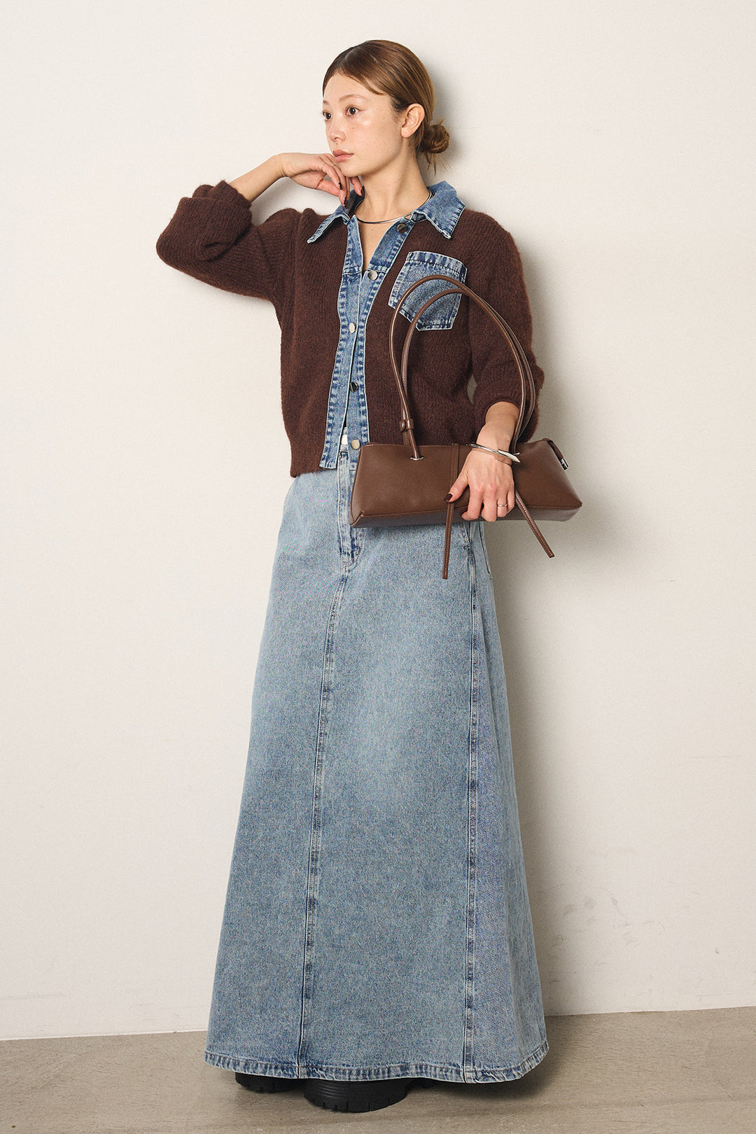 [SET]襟付きデニム切替ニットカーディガン+デニムロングフレアスカート(2set)