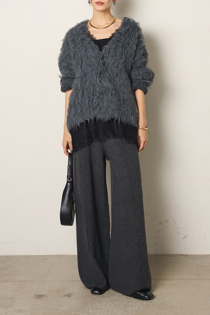 [SET]起毛シャギーニットカーディガン+センターラインニットパンツ+レース切り替えキャミソール(3set)