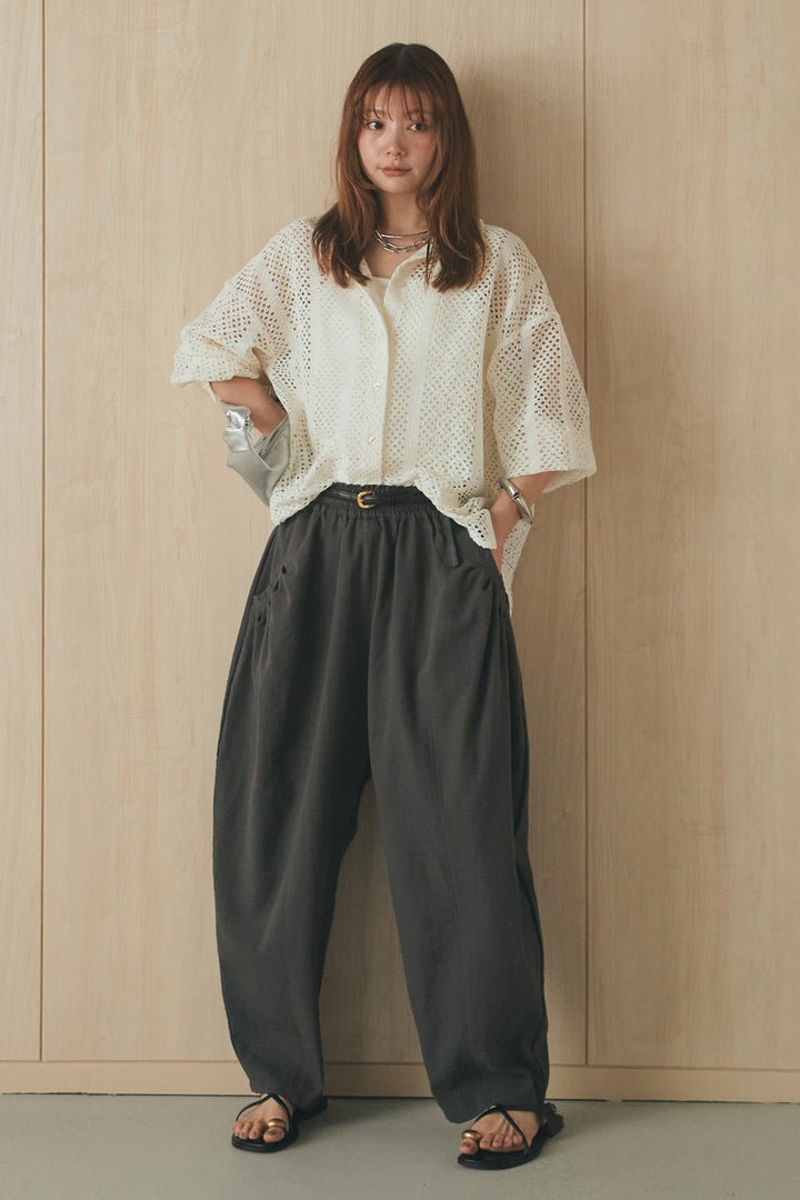 [SET]長袖襟付きレースシャツ+ポケットタックフォルムパンツ(2set)