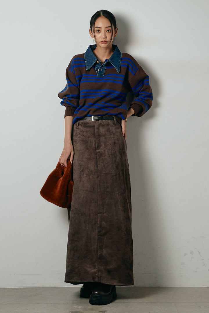 [SET]デニムレイヤード風ランダムボーダーニットプルオーバー+エコスウェードワイドスカート(2set)