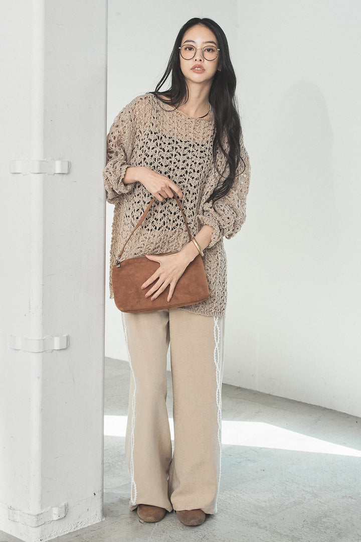 [SET]リラックスメッシュニットトップス+刺繡テープラインパンツ(2set)