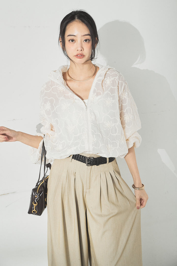 [SET]シアーフラワーフードブルゾン+編みベルト付きウエストタックワイドパンツ(2set)