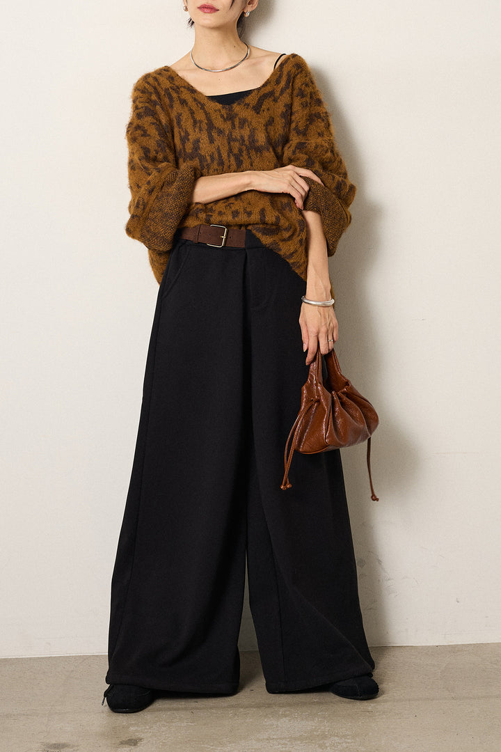 [SET]フラッフィーレオパードシャギーニット+サイドベルトパンツ(2set)