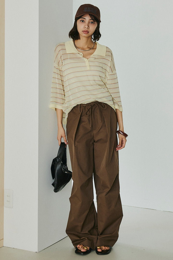 [SET]ボーダーニットポロシャツ+ニーサイドタックウエストドロスパンツ(2set)