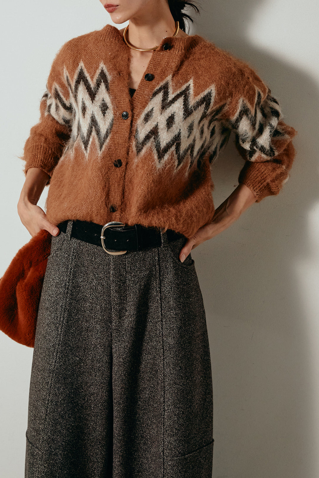 [SET]起毛ノルディック柄ニットカーディガン+太ベルト付きツイードワイドパンツ(2set)