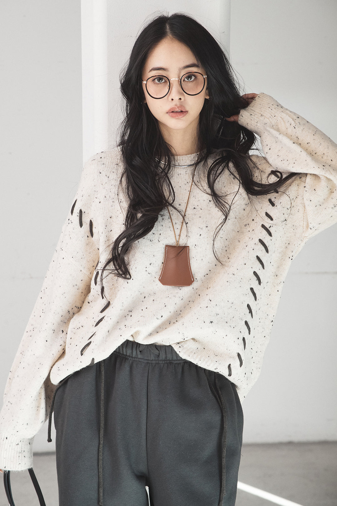 [SET]ネップ編み上げニットトップス+裏起毛スウェットワイドパンツ(2set)