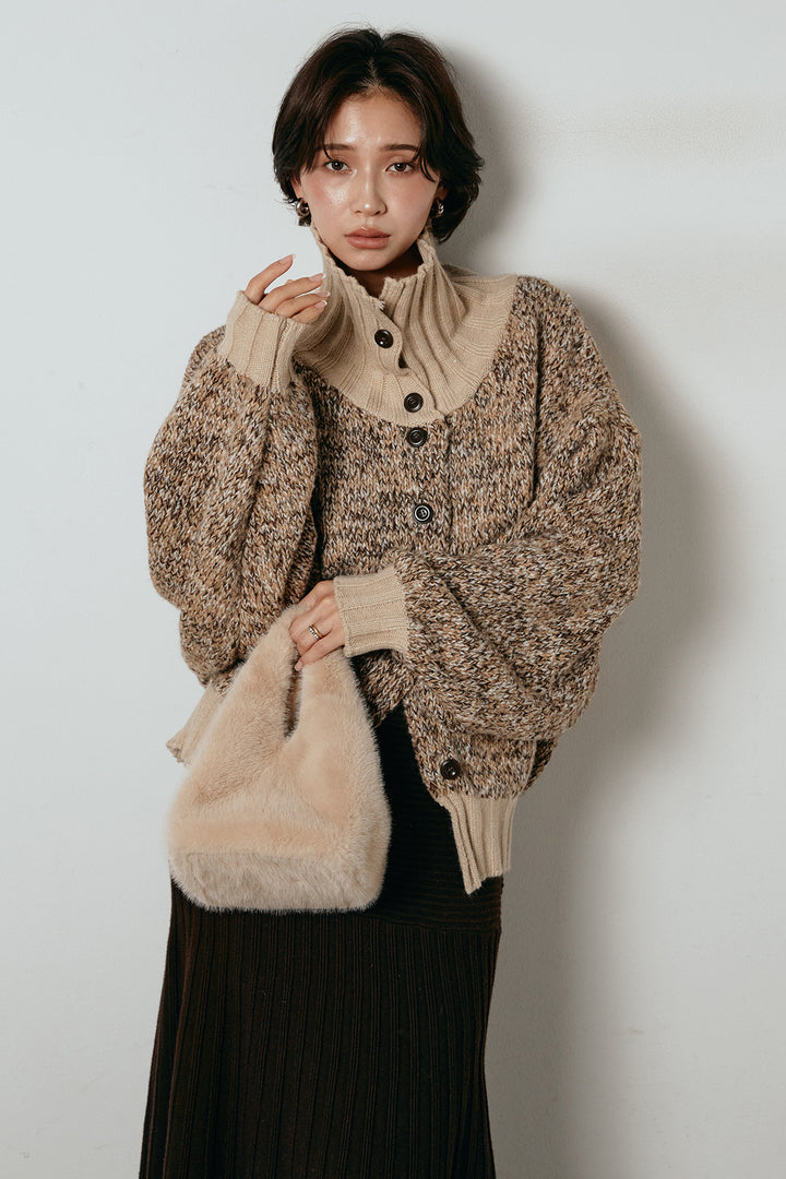 [SET]ハイネックミックスニットカーディガン+編み地切り替えフレアニットスカート(2set)