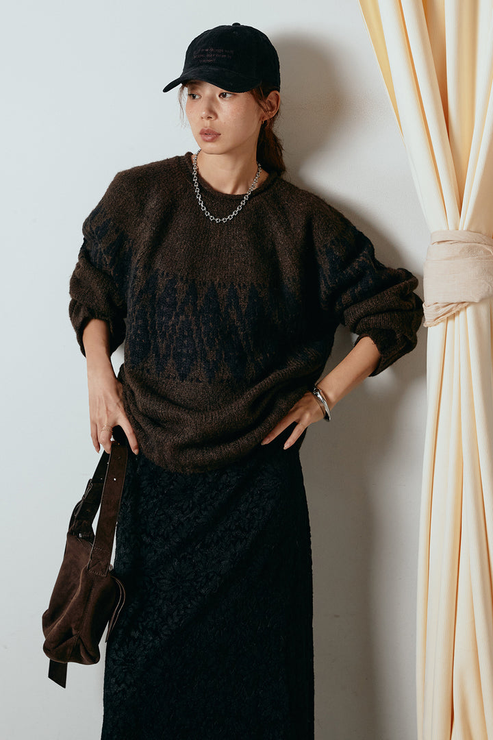 [SET]モノトーン柄ニットトップス+花柄刺繍ベロアフレアスカート(2set)