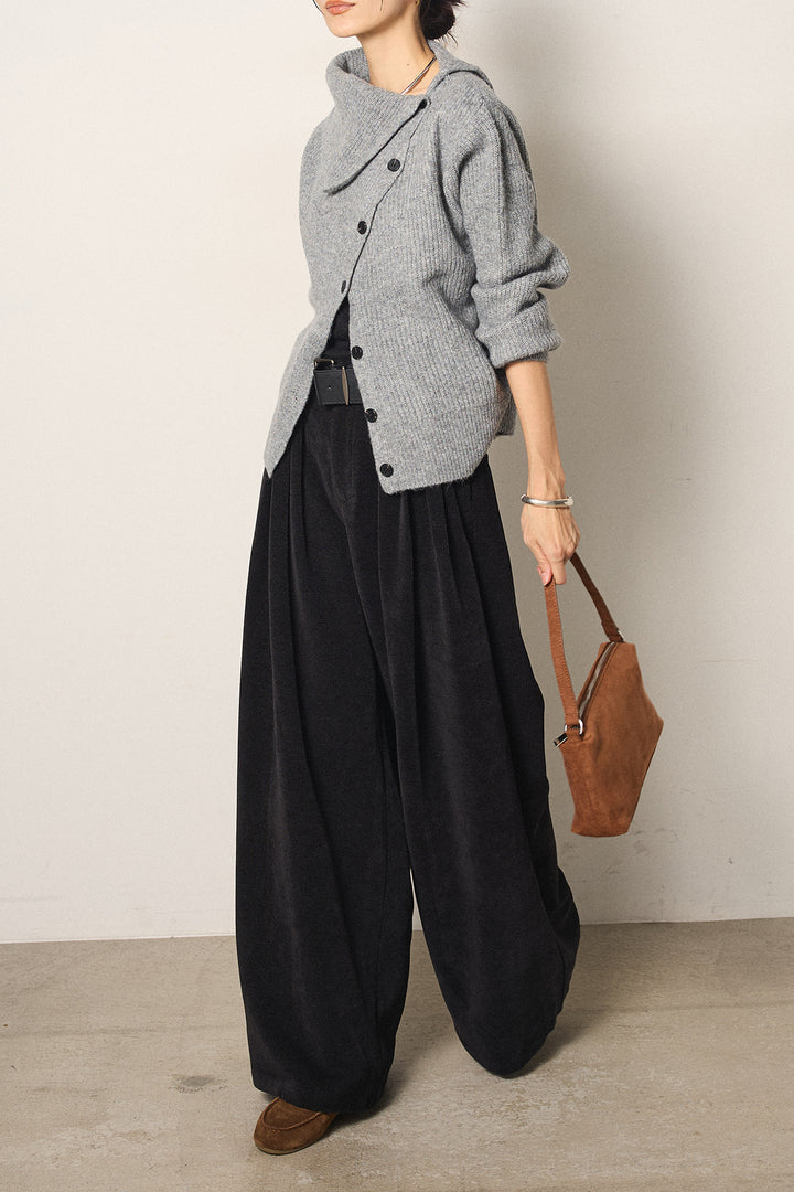 [SET]ボタンデザインネックニットプルオーバー+ベルトループコーデュロイワイドパンツ(2set)