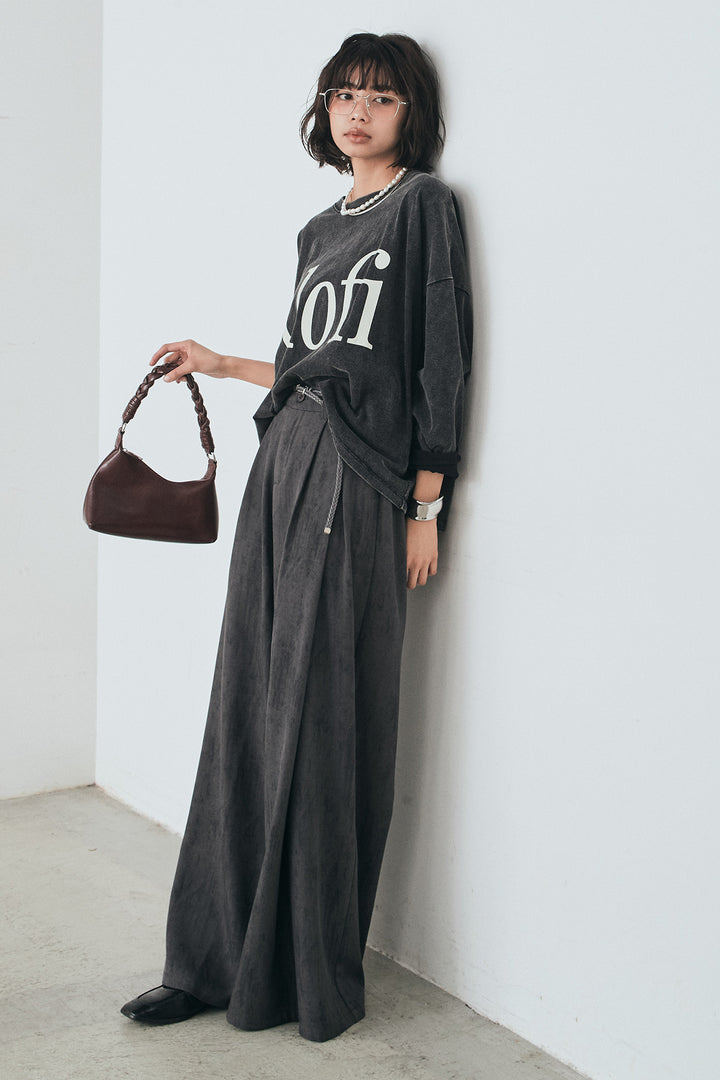 [SET]裾センタードロストロゴプリントワイドTシャツ+紐ベルト付きかすれ柄ワイドスラックス(2set)