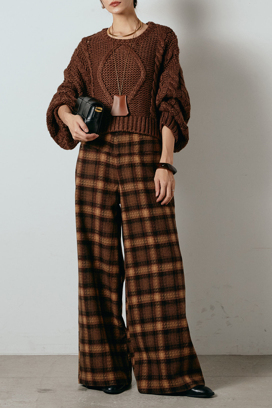 [SET]ロービングケーブルショート丈プルオーバー+ルーズタータンチェックワイドパンツ(2set)