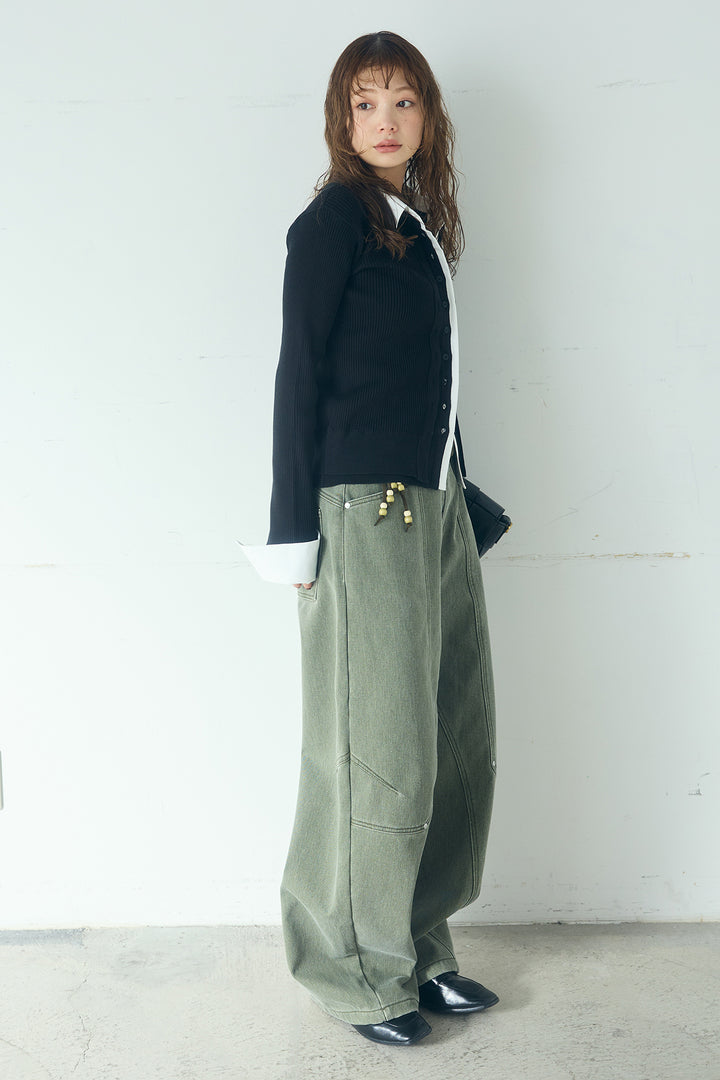 [SET]シャツドッキングボタンニットカーディガン+ベルト付きカラーデニムカーブワイドパンツ(2set)