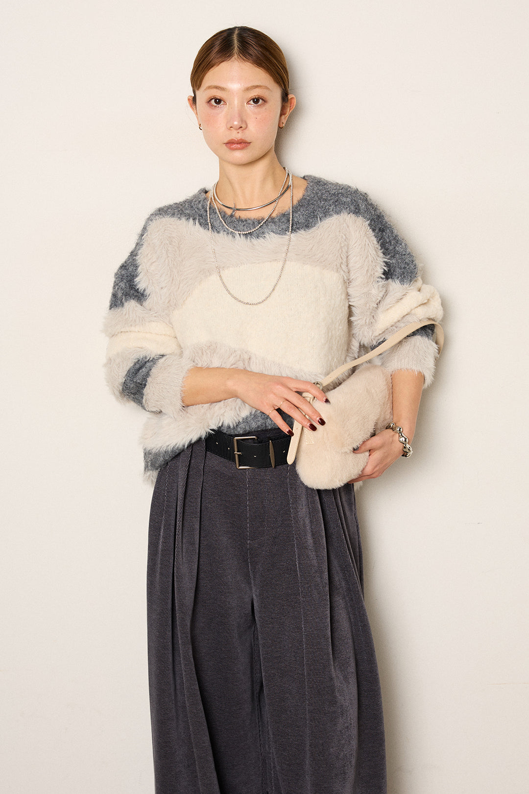 [SET]シャギーウェーブ柄クルーネックニットトップス+ベルトループコーデュロイワイドパンツ(2set)