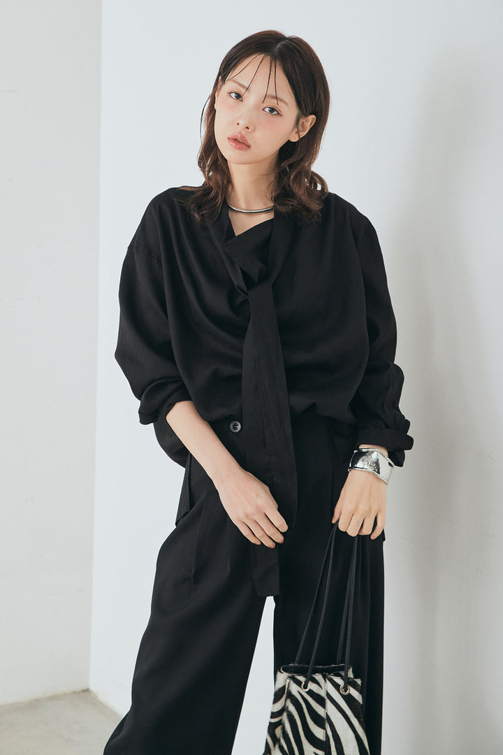 [SET]ニュアンスボータイブラウス+斜めボタンタック入りスラックス(2set)