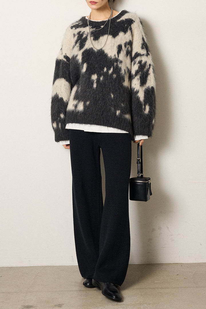 [SET]モヘアタッチマーブルニット+ワイドリブニットイージーパンツ(2set)