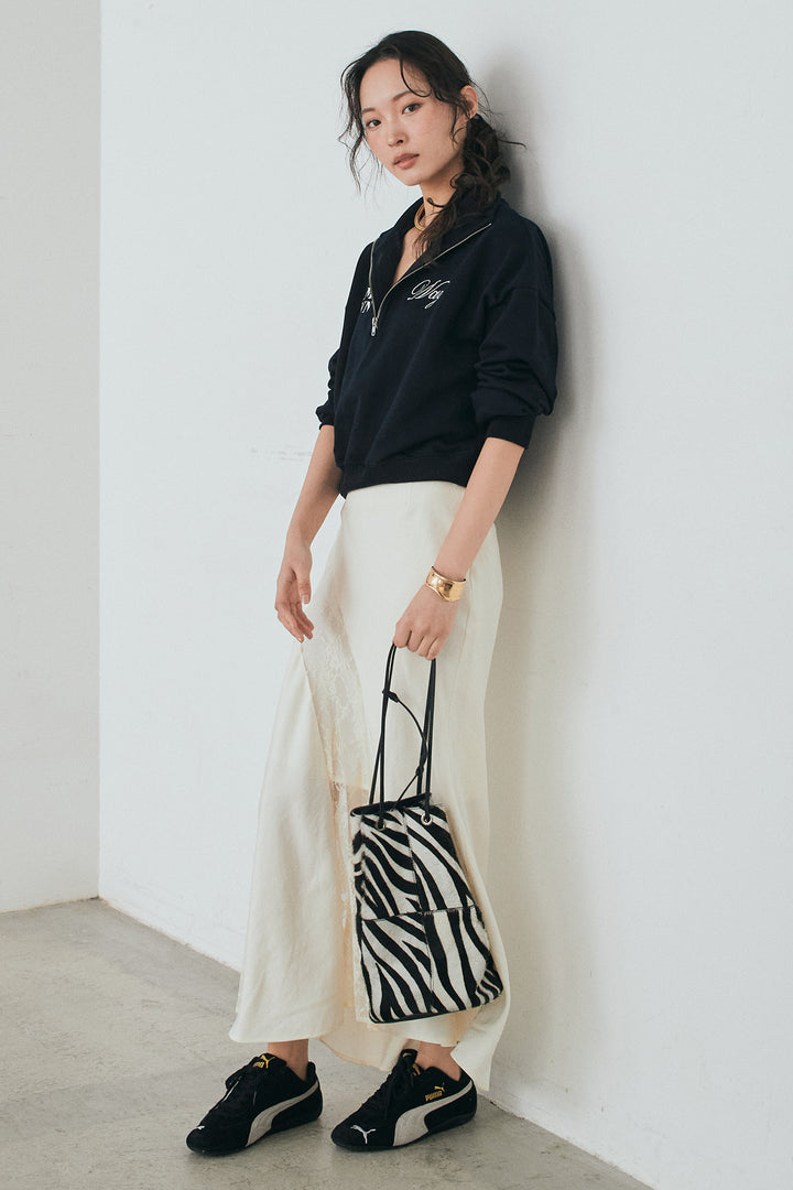 [SET]裏毛ロゴ刺繍ハーフZIPスウェット+刺繍レースデザインサテンスカート(2set)