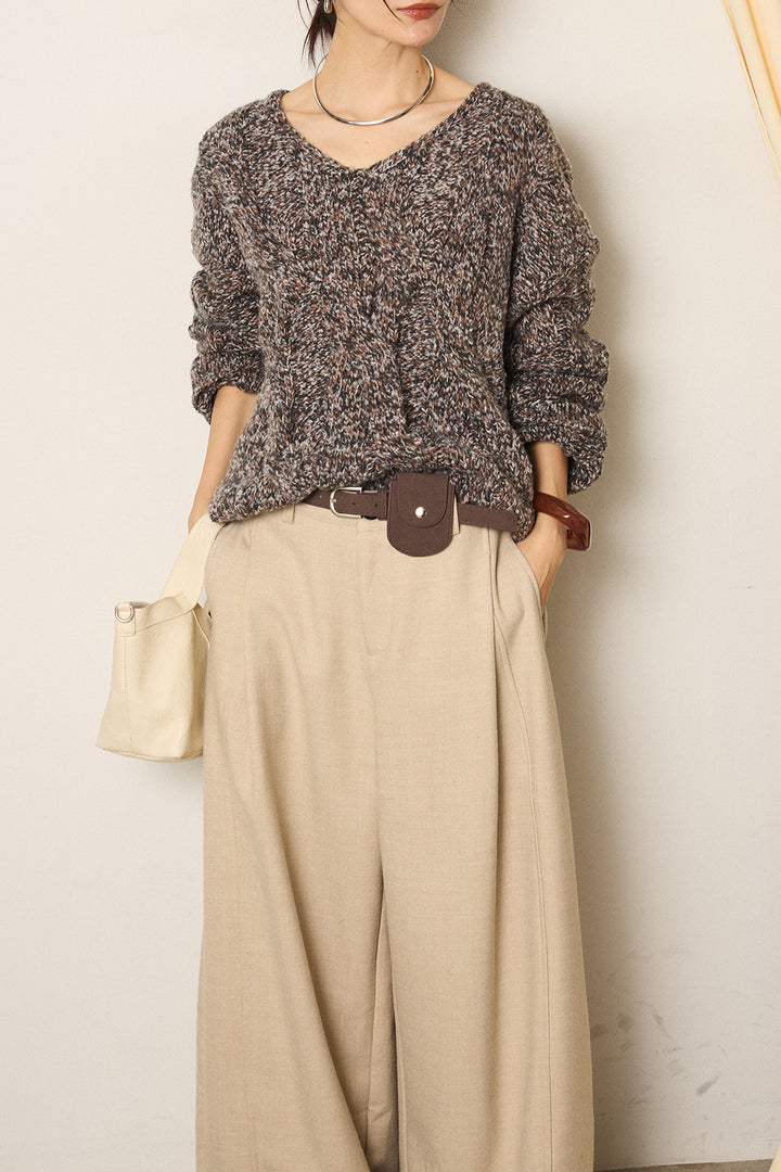 [SET]Vネックミックス編みニットトップス+ポーチベルト付きカーブパンツ(2set)