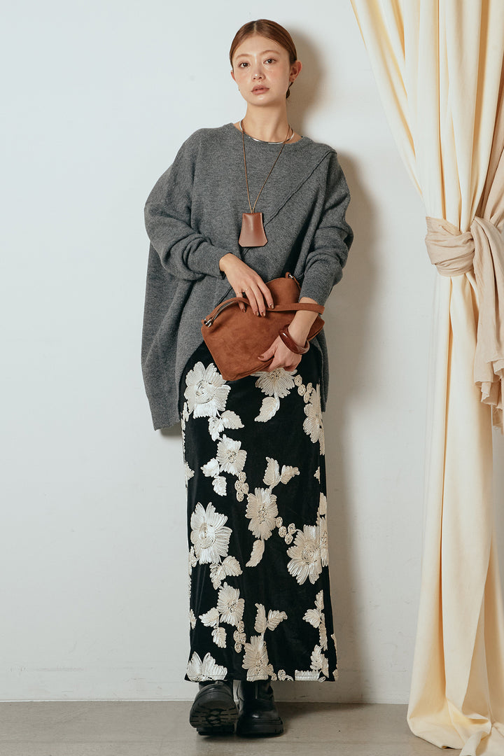 [SET]アシンメトリーデザインニットトップス+フラワー刺繍ワイドスカート(2set)