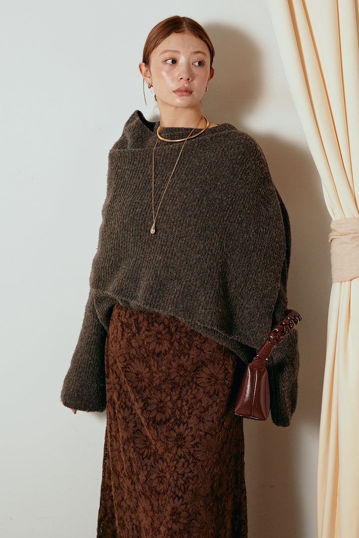 [SET]ケープデザインリブニットトップス+花柄刺繍ベロアフレアスカート(2set)