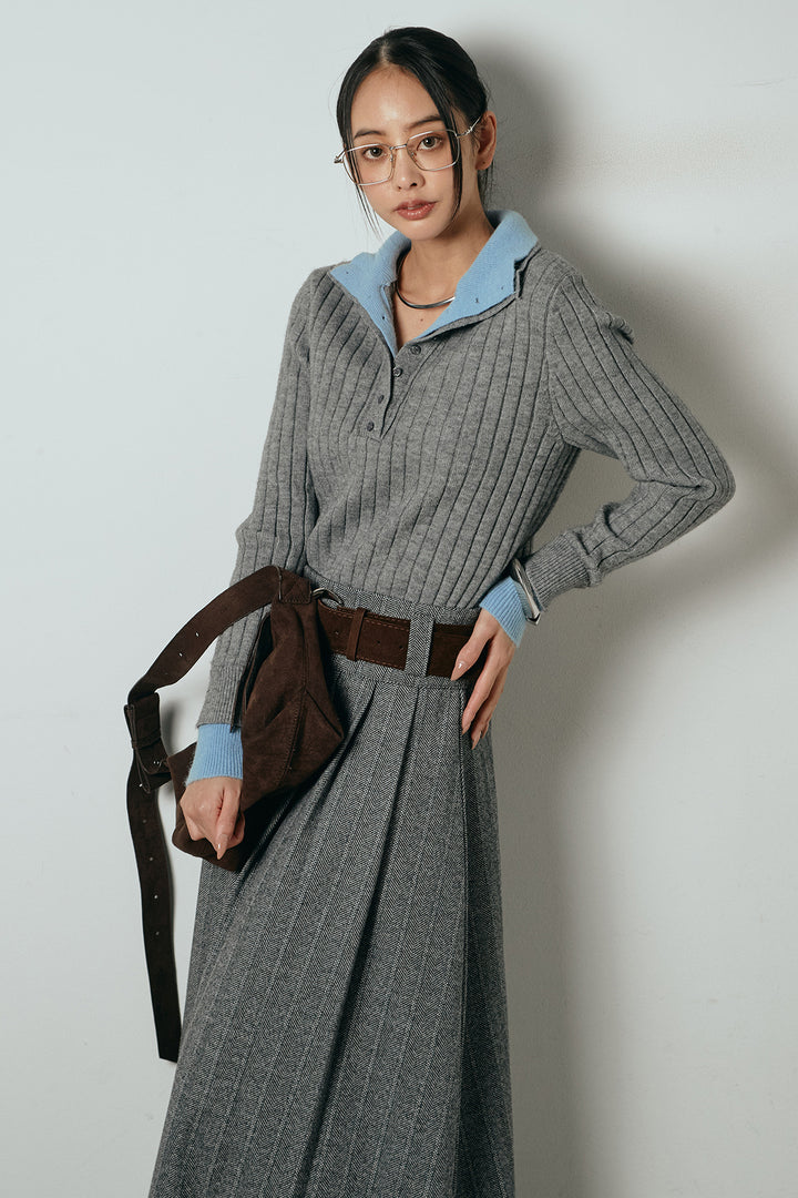 [SET]レイヤード風リブニットトップス+太ベルト付きヘリンボーンプリーツスカート(2set)