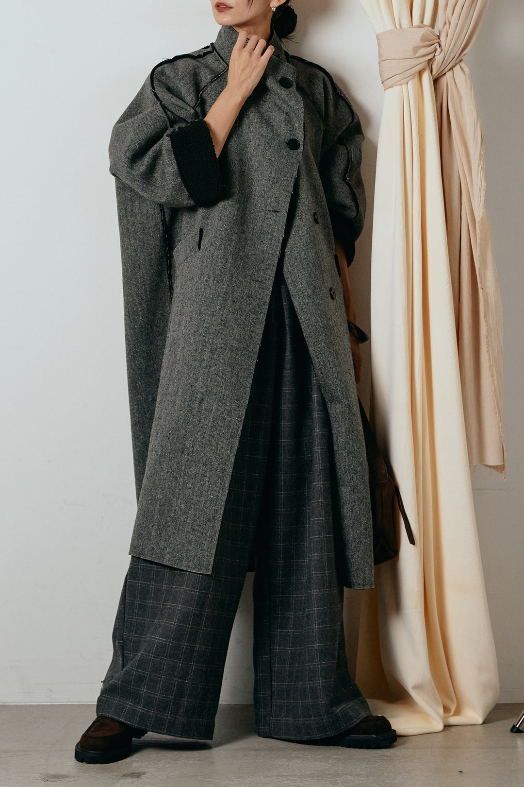 [SET]裏地ボアハイネックロングアウター+ウールライクチェックタックパンツ(2set)