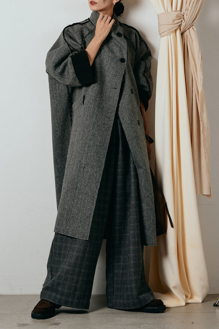 [SET]裏地ボアハイネックロングアウター+ウールライクチェックタックパンツ(2set)