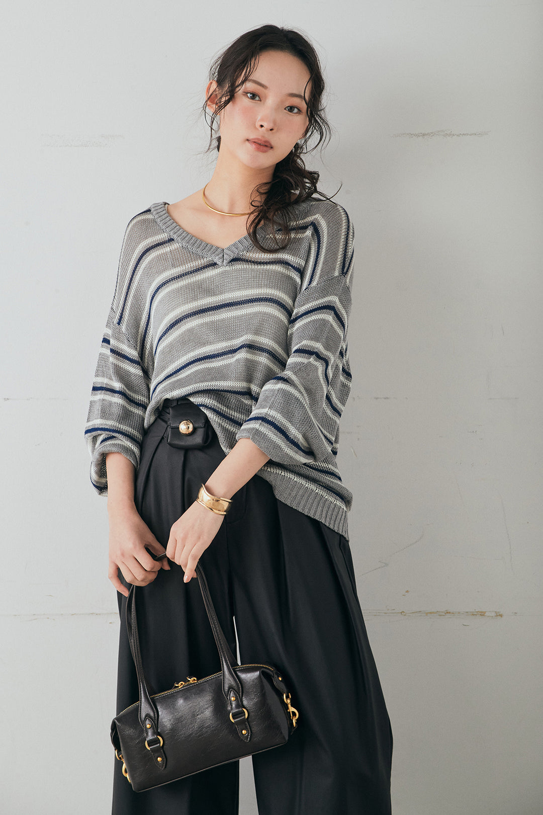 [SET]綿タッチVネックボーダートップス+ウォッシャブルエコレザータックパンツ(2set)