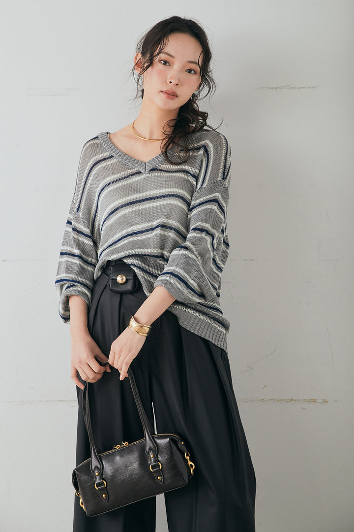 [SET]綿タッチVネックボーダートップス+ウォッシャブルエコレザータックパンツ(2set)