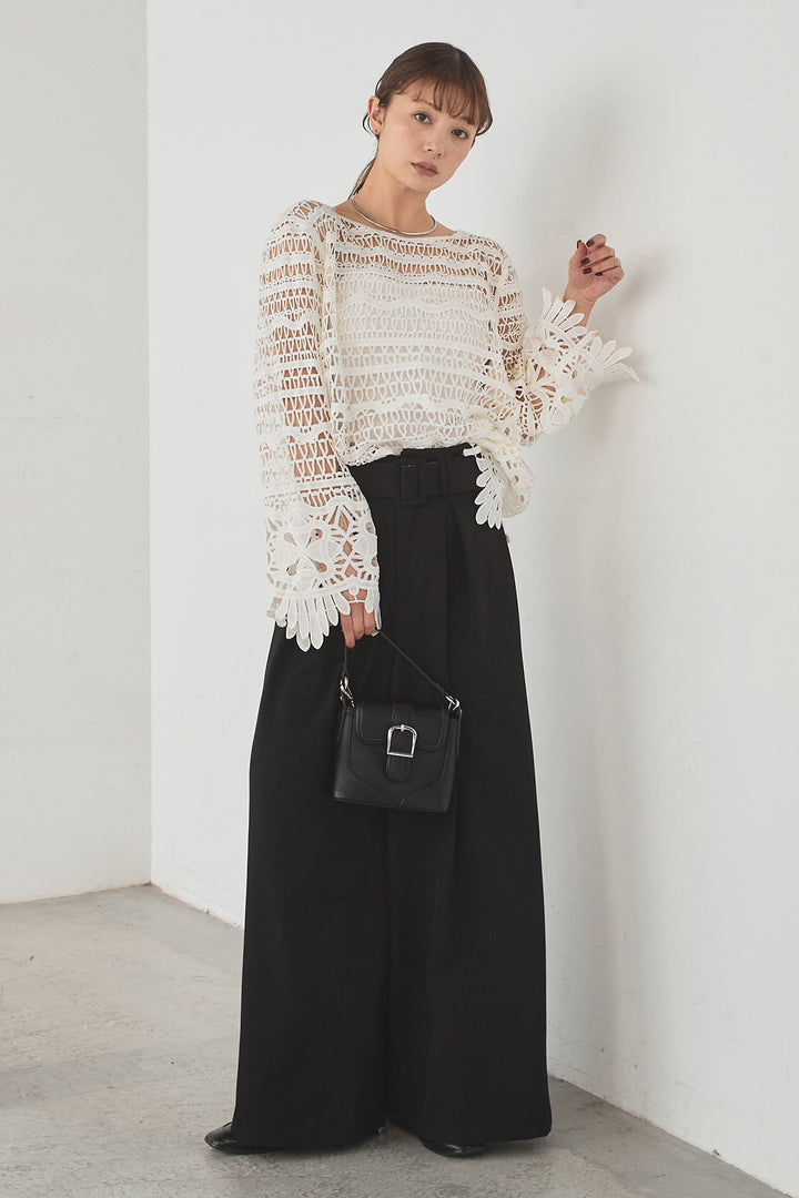 [SET]裾デザインメッシュプルオーバー+ベルト付きツータックワイドパンツ(2set)