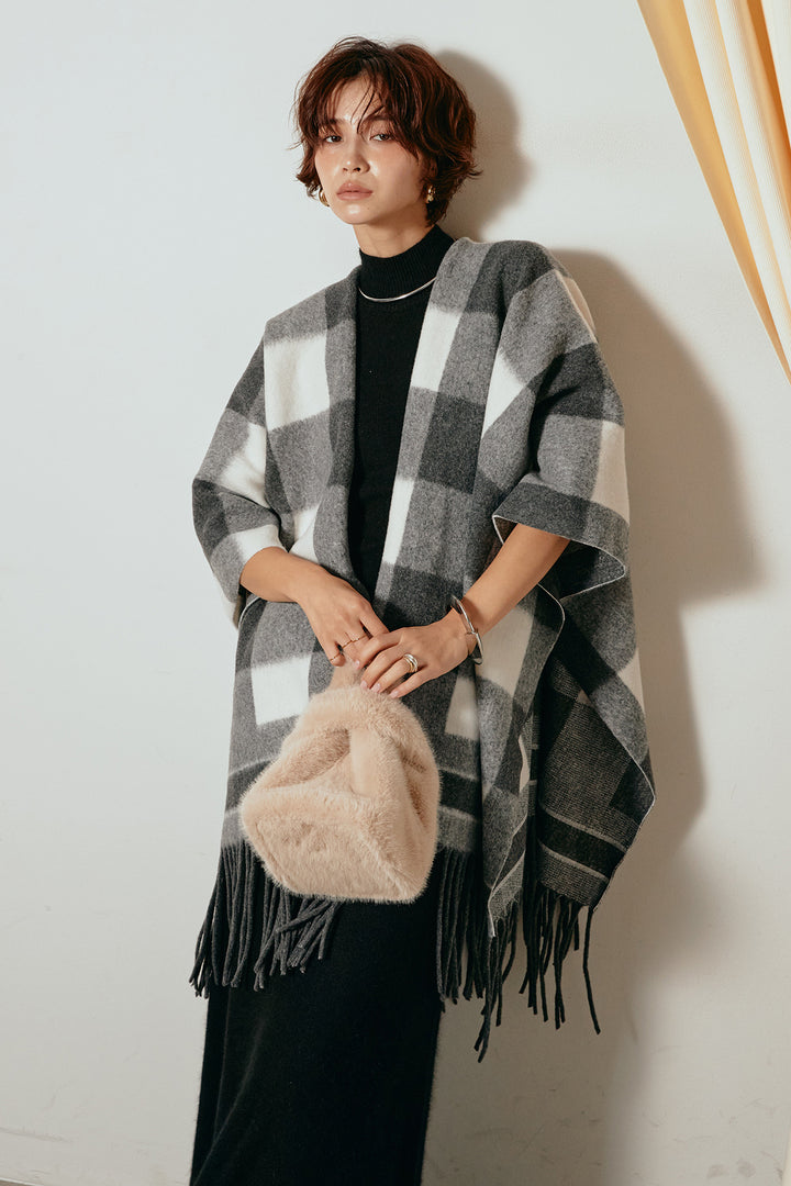 [SET]裾フリンジ柄ポンチョアウター+ノースリーブニットロングワンピース(2set)