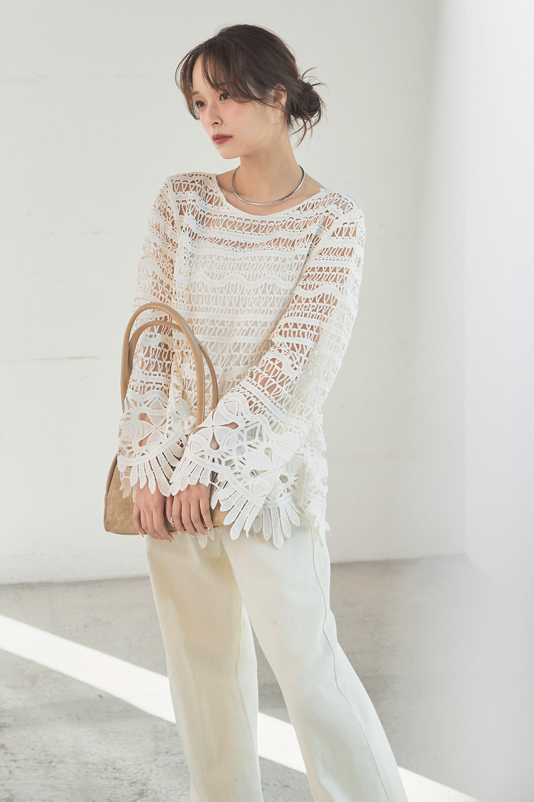 [SET]裾デザインメッシュプルオーバー+スプリングカラーデニムパンツ(2set)